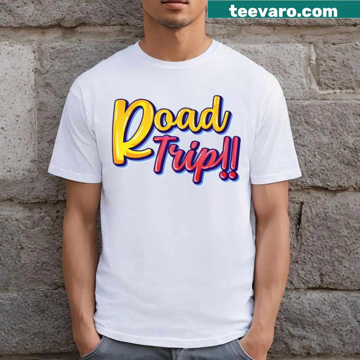 T-shirt with travel-themed text and suitcase graphic. — on a men's t-shirt