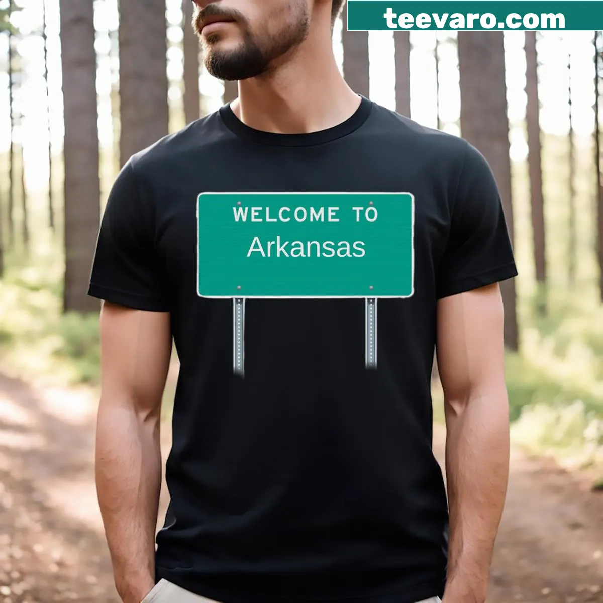 Arkansas sign-themed t-shirt for men and kids. — on a men's t-shirt