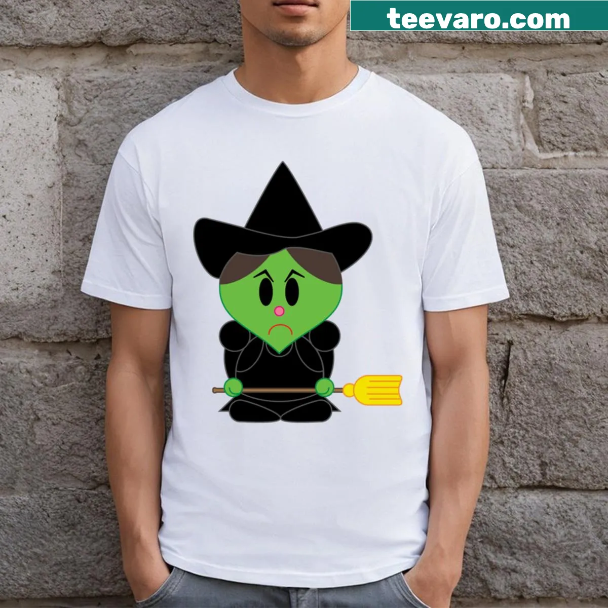 Playful graphic of a witch from the West with a whimsical style — on a men's t-shirt