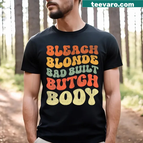 Retro vintage V-neck tee featuring funny text about butch body