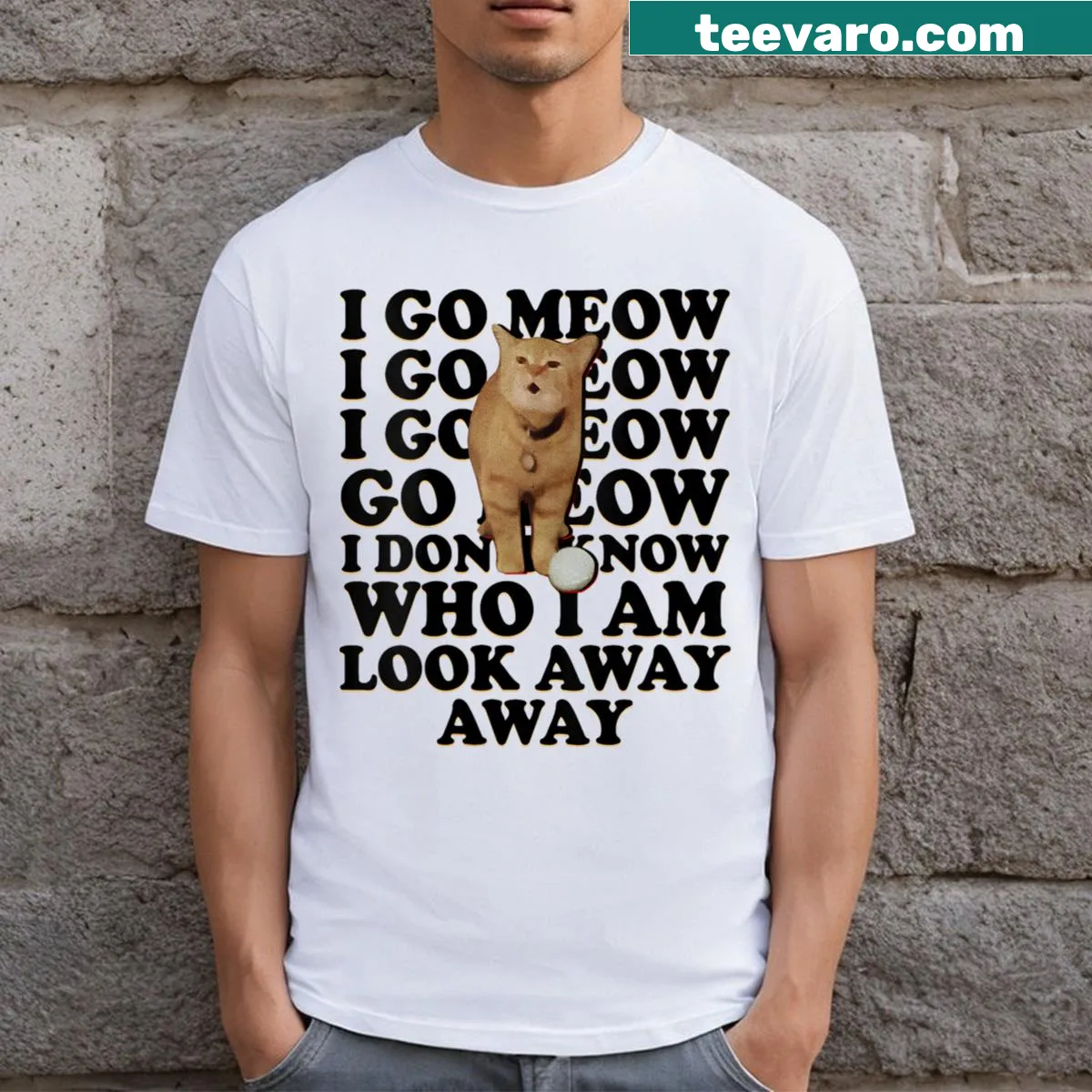 Funny cat meme tee with 'I Go Meow' text — on a men's t-shirt