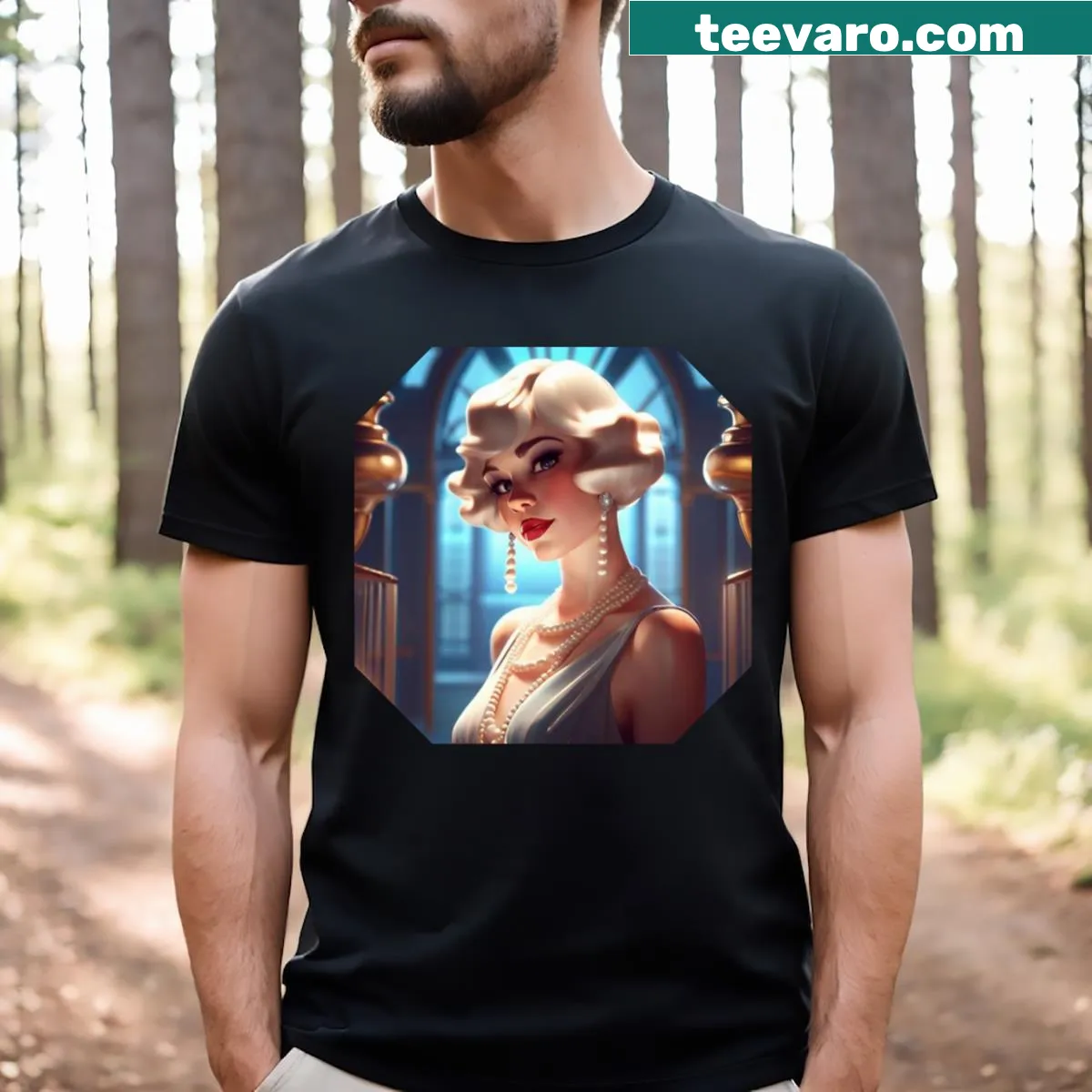 Vintage-style T-shirt featuring a 1920s chorus girl graphic — on a men's t-shirt
