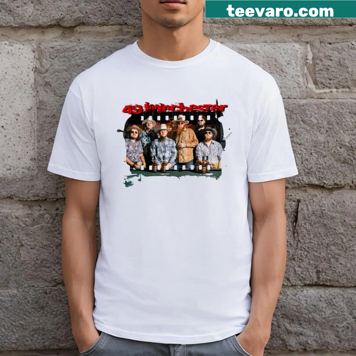 T-shirt featuring graphic elements inspired by the 49 Winchester band — on a men's t-shirt