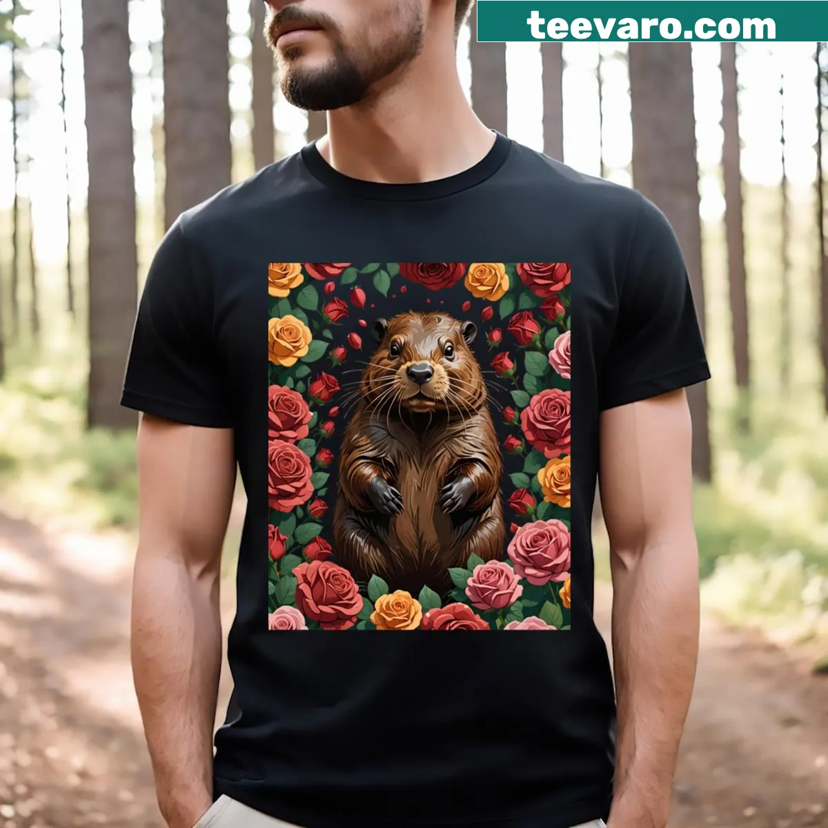 T-shirt featuring a beaver surrounded by New York roses — on a men's t-shirt