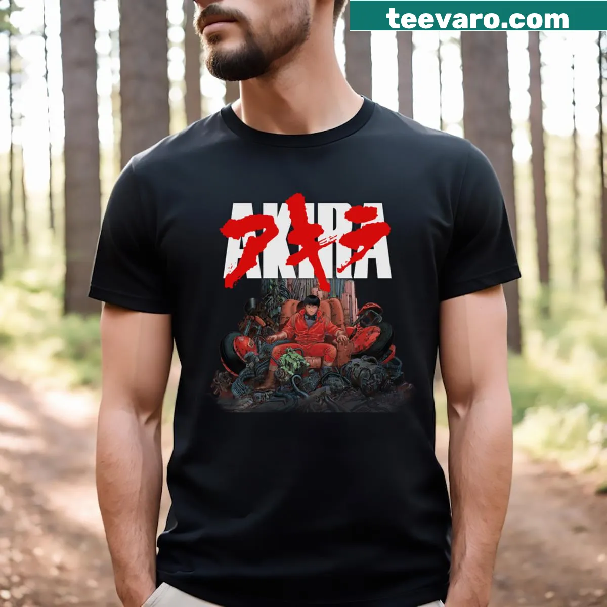 Illustrated T-shirt featuring Kaneda from Akira — on a men's t-shirt