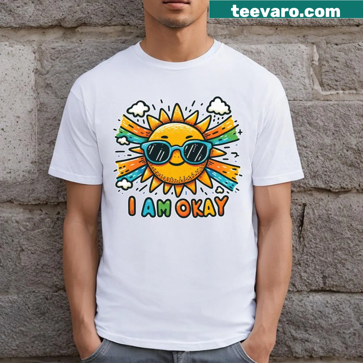 Am Okay Serenity T-shirt with uplifting typography — on a men's t-shirt