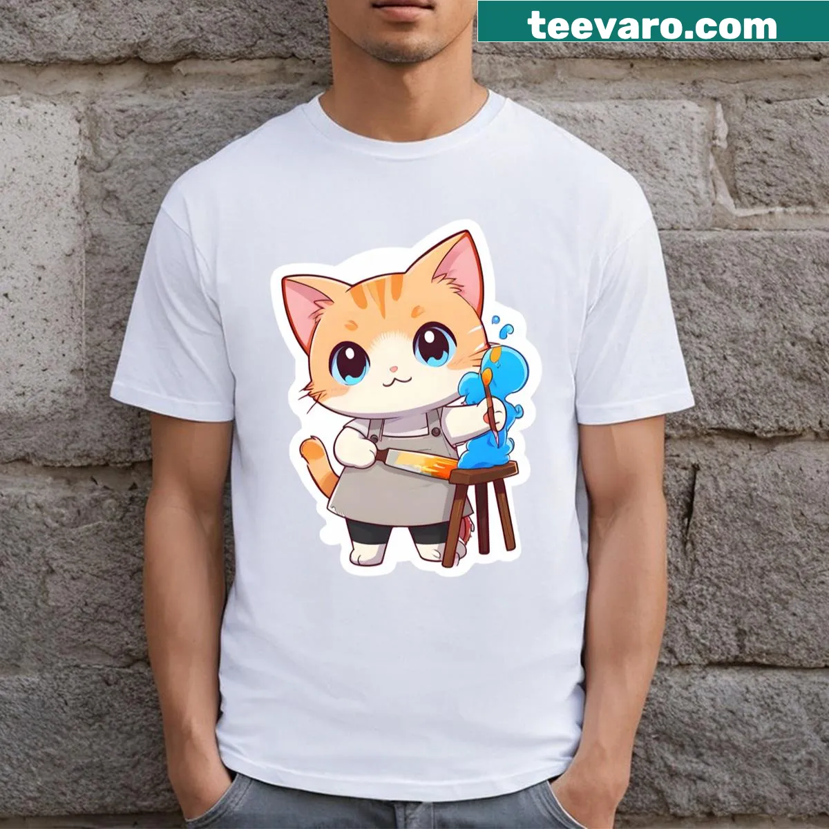 Illustrative T-shirt with an artist cat design — on a men's t-shirt
