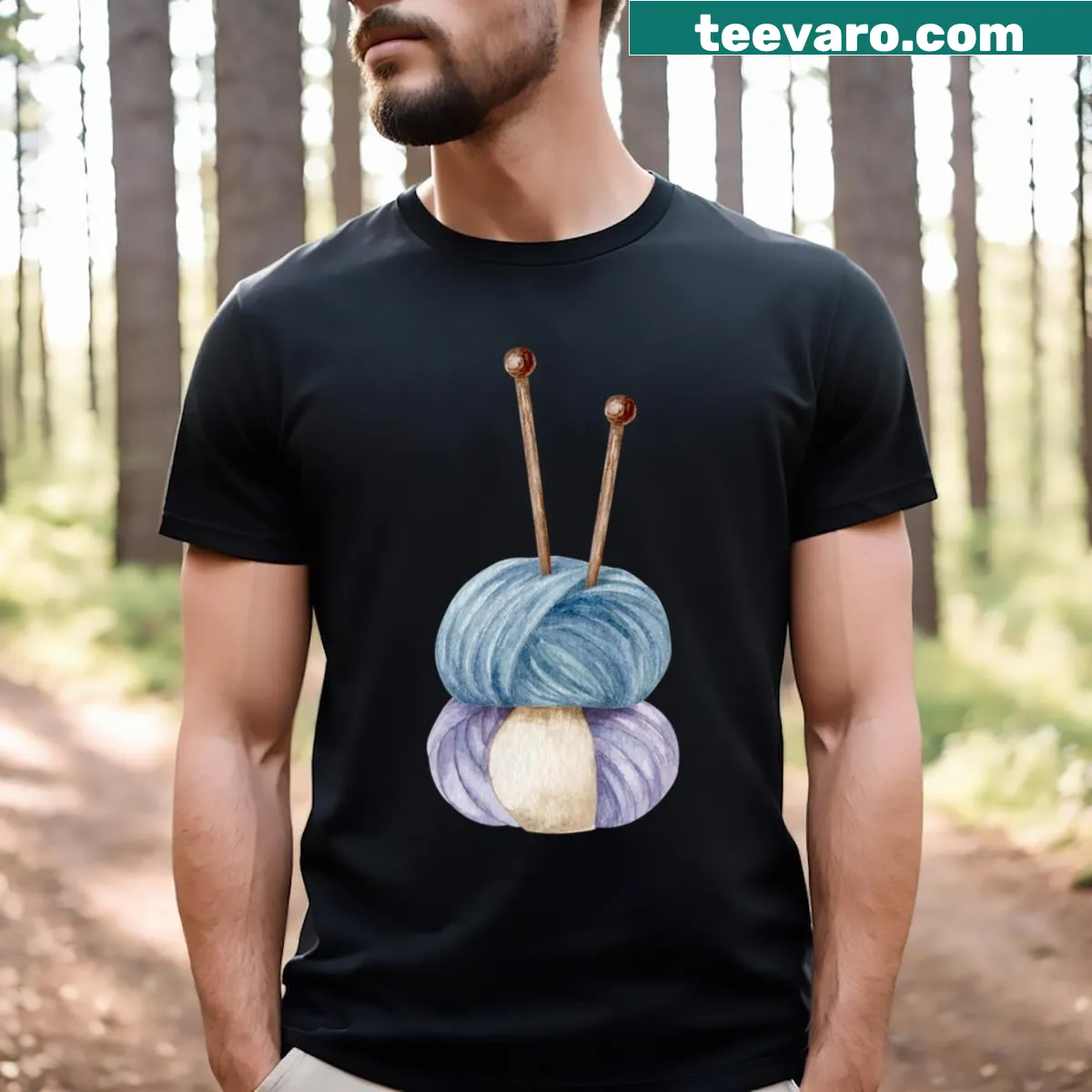 Whimsical watercolor illustration T-shirt featuring yarn balls and needles. — on a men's t-shirt