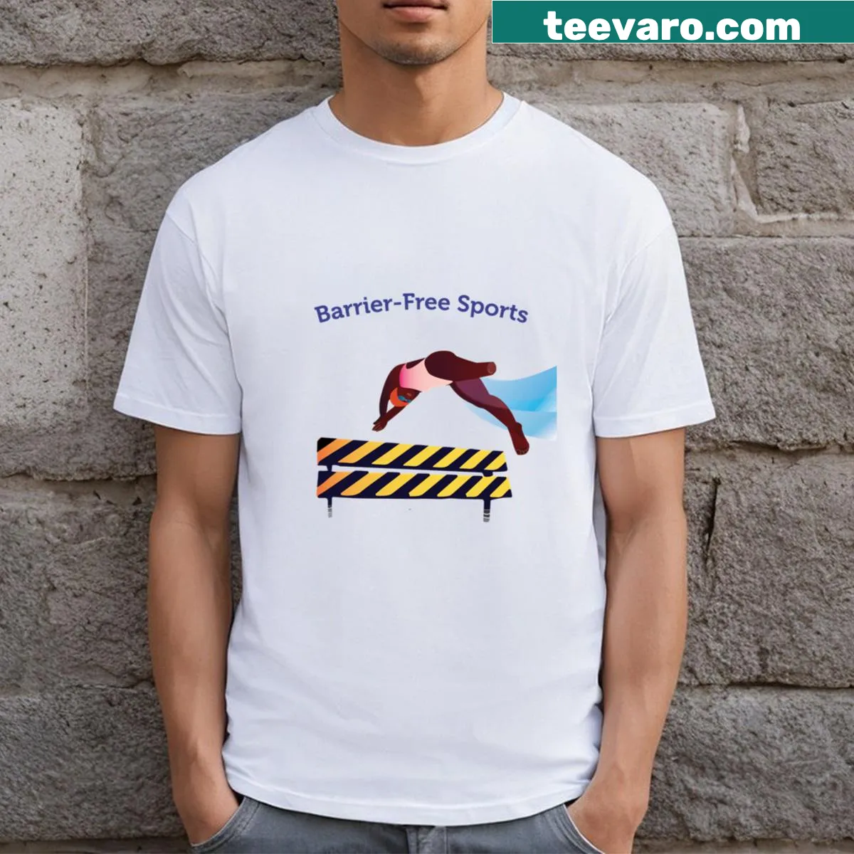 Barrier Free Sports Swimming T-shirt promoting inclusivity in sports. — on a men's t-shirt