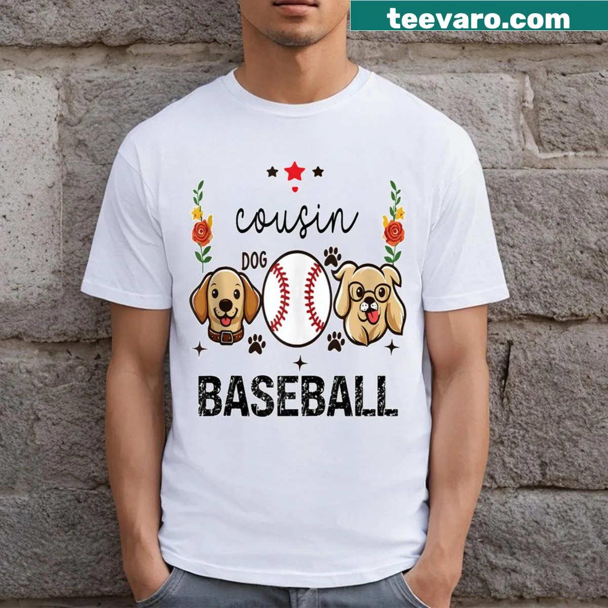 Cute T-shirt for toddlers featuring baseball and dog graphics — on a men's t-shirt