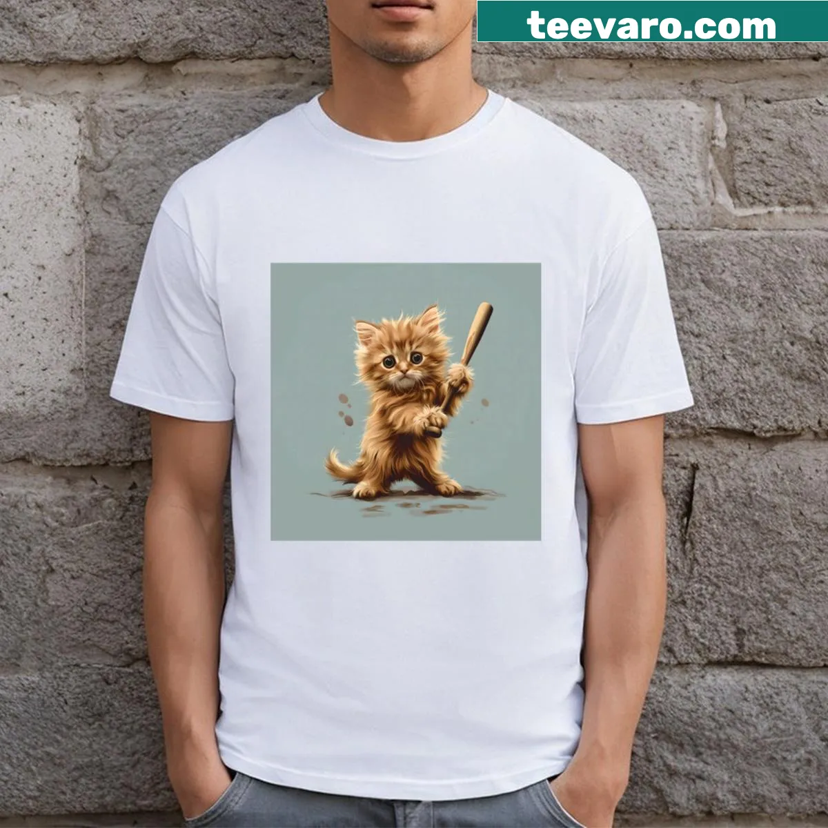 T-shirt featuring a playful kitten in a baseball action pose — on a men's t-shirt