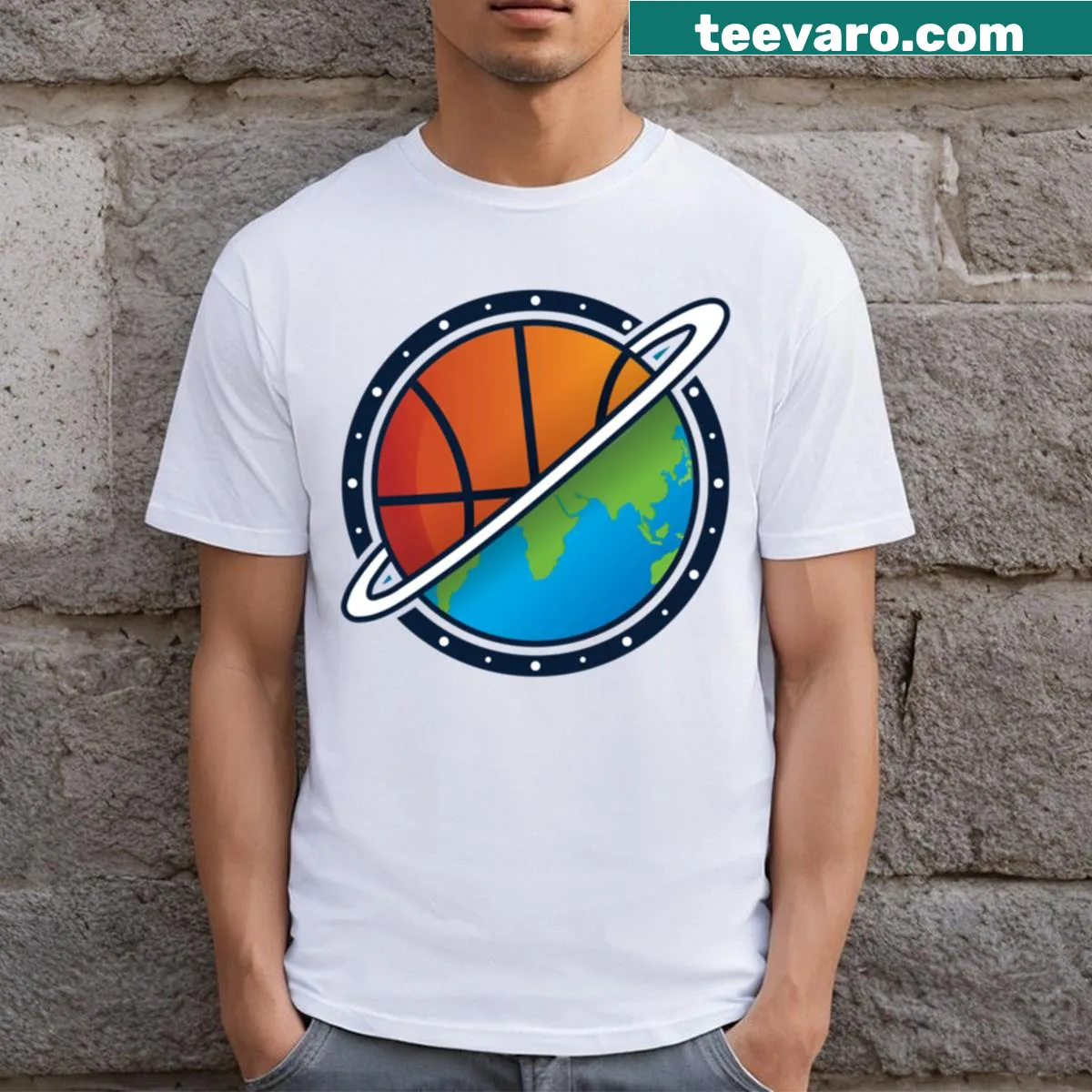Typography t-shirt celebrating basketball culture — on a men's t-shirt