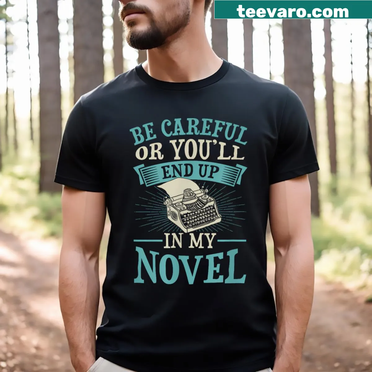 Funny graphic warning on a T-shirt for writers — on a men's t-shirt