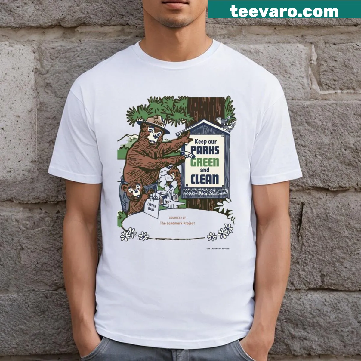 Illustrated bear and mountains graphic on a T-shirt — on a men's t-shirt