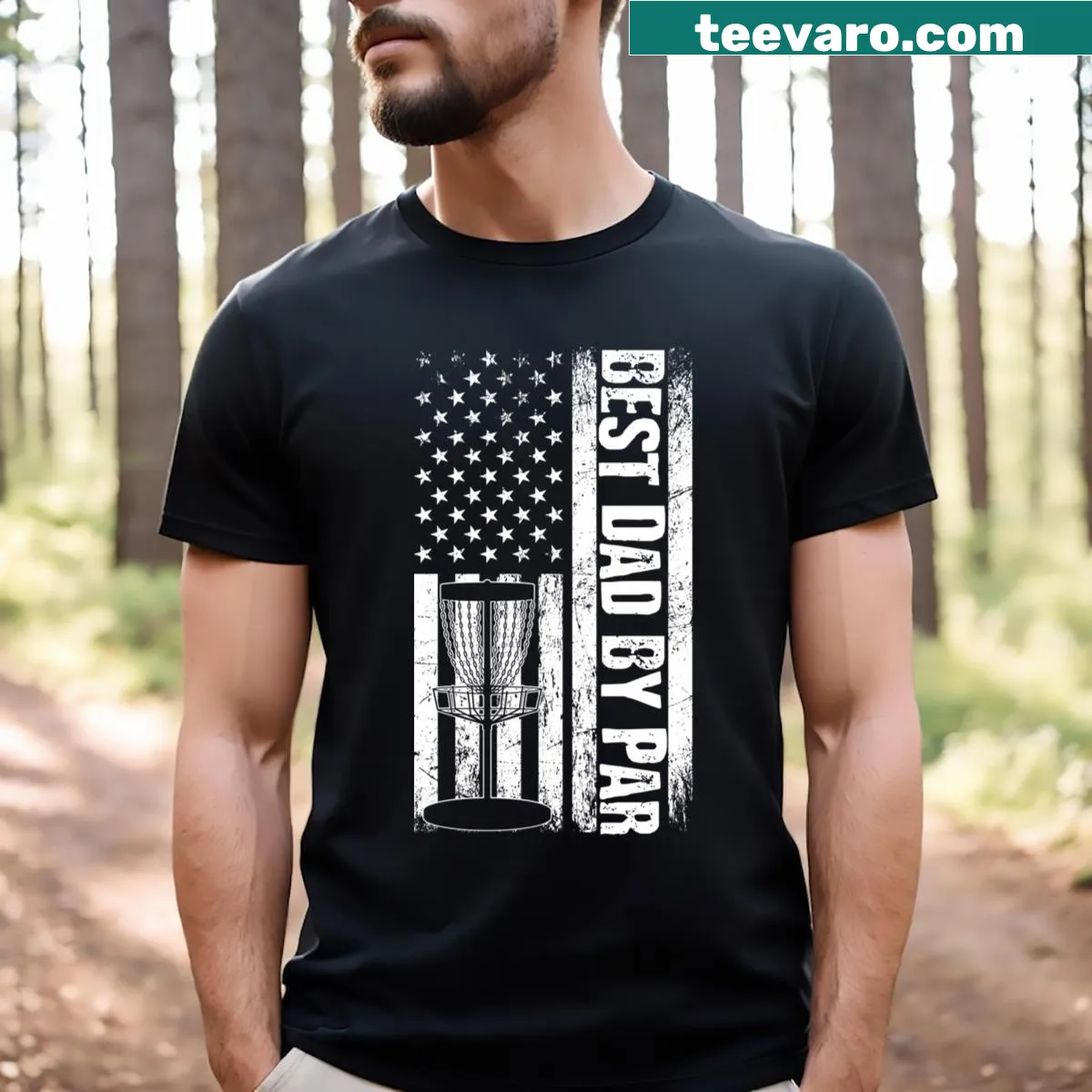 Disc golfer graphic with American flag background on a dad t-shirt — on a men's t-shirt