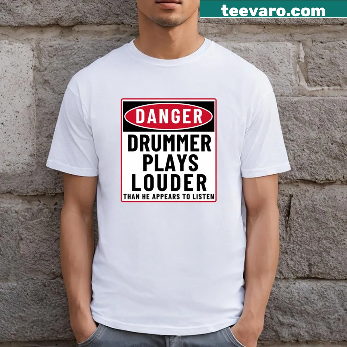 Funny drummer t-shirt with loud drum warning design — on a men's t-shirt
