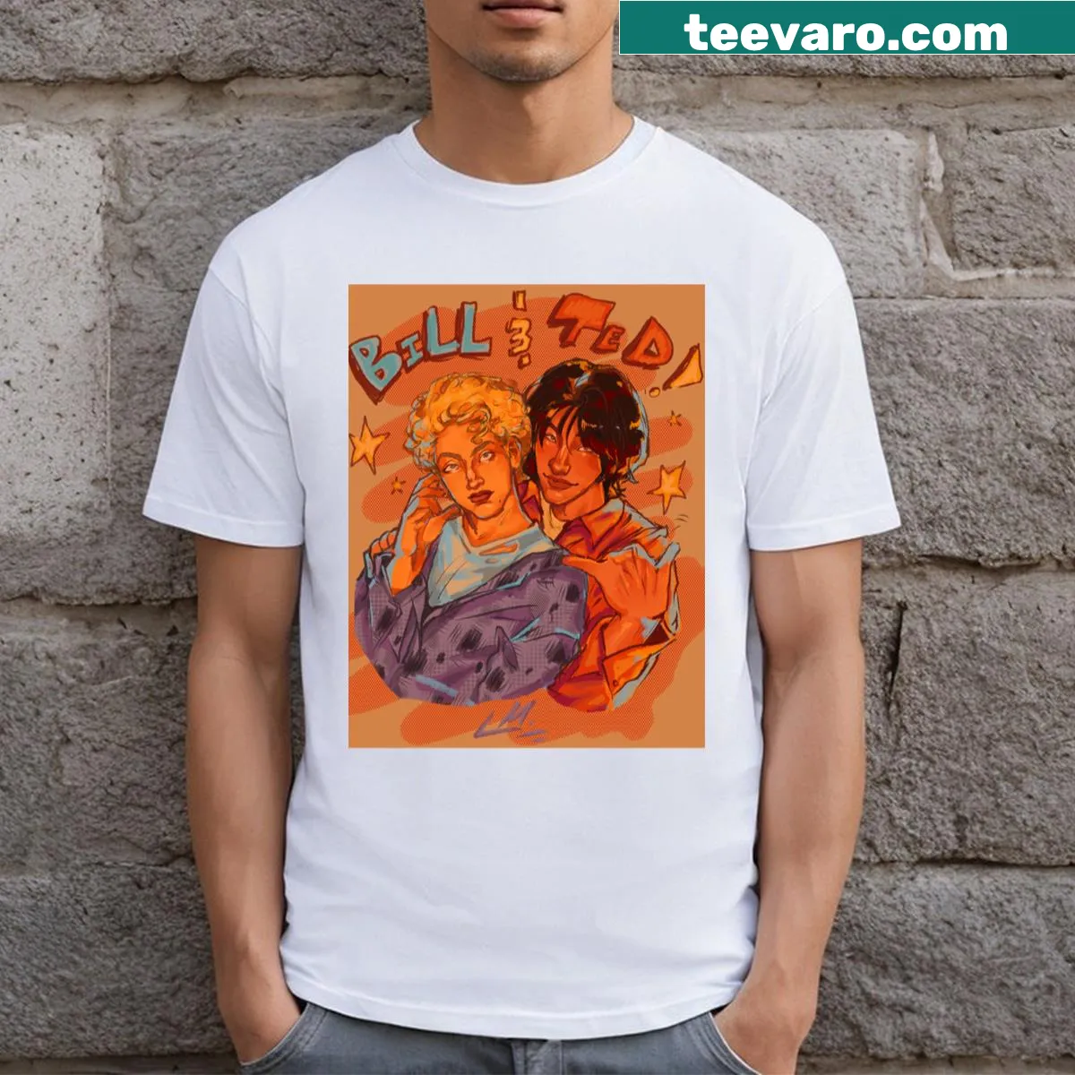 Illustration of Bill and Ted on a fun graphic T-shirt — on a men's t-shirt