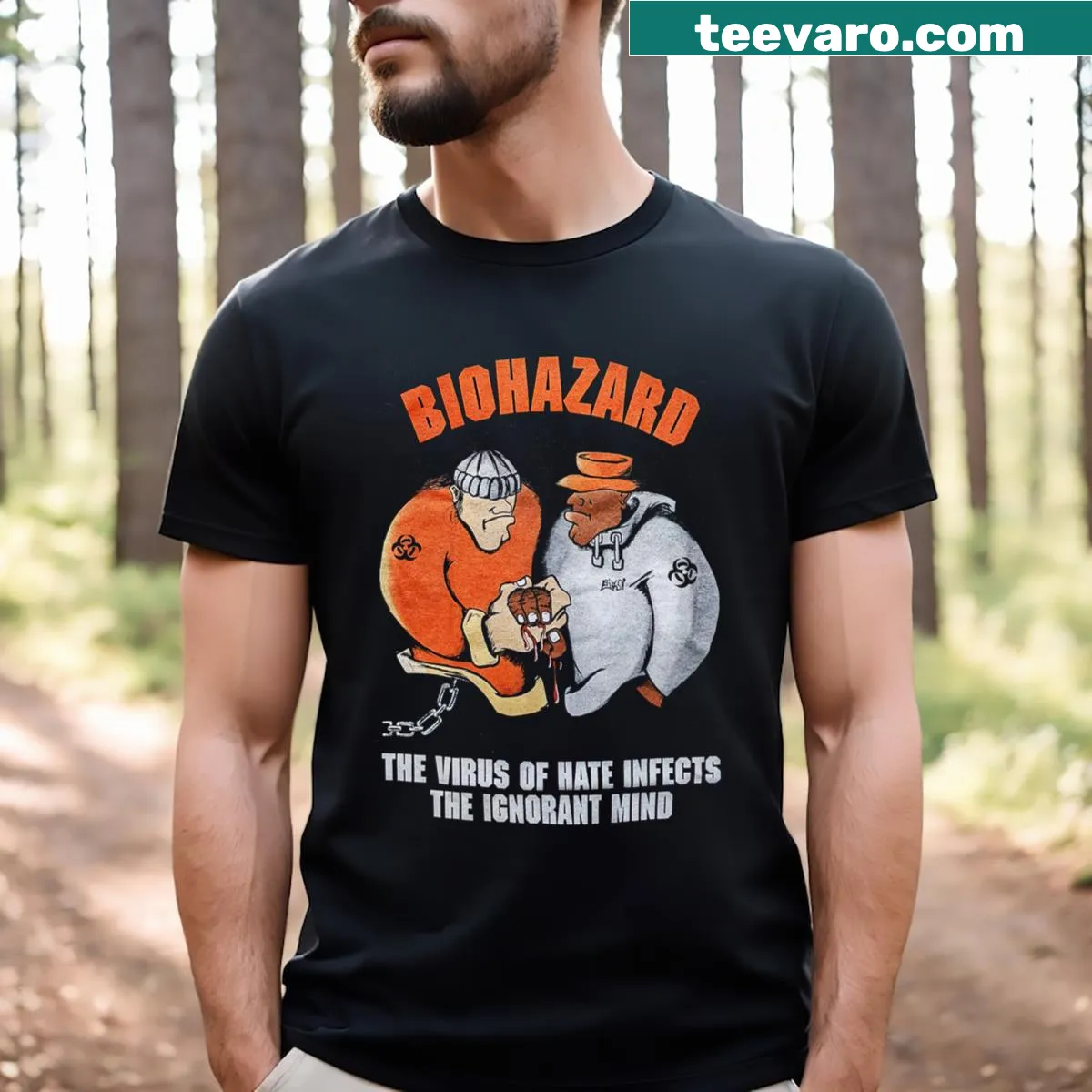 Biohazard symbol graphic on T-shirt — on a men's t-shirt