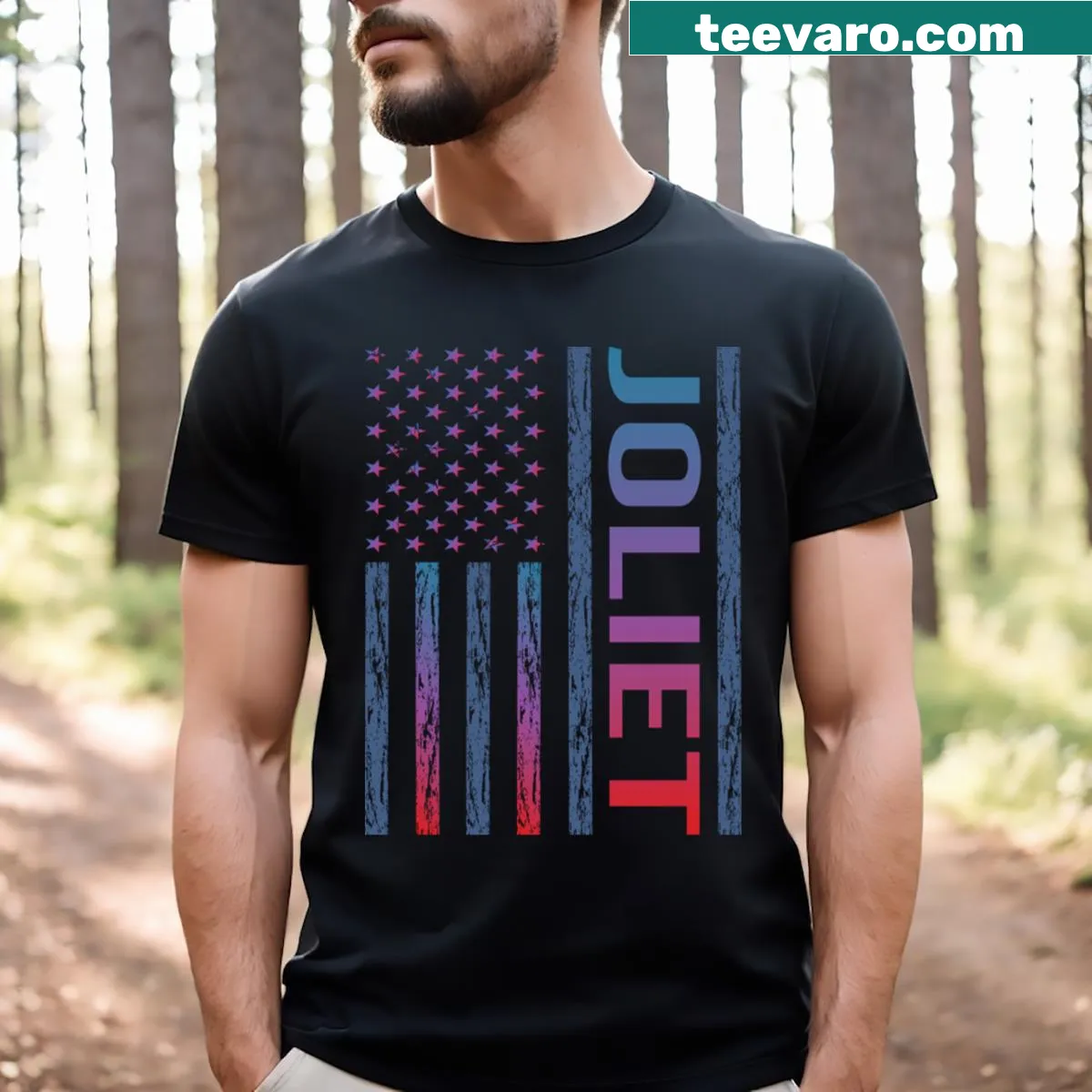 T-shirt featuring the Joliet flag design — on a men's t-shirt