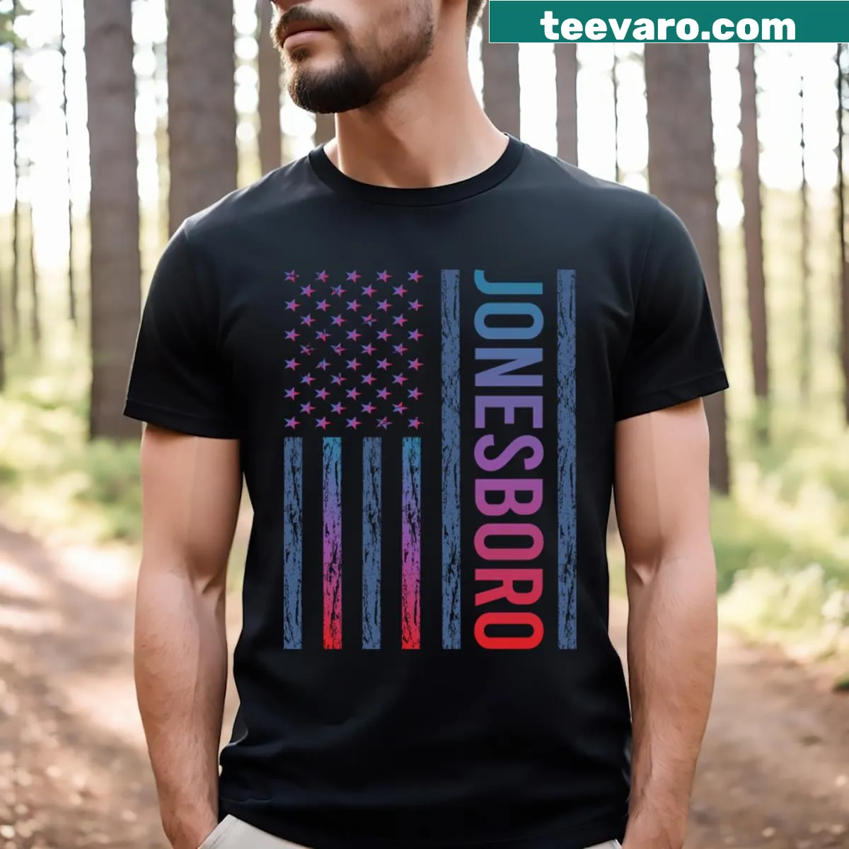 T-shirt featuring the blue-red flag and 'Jonesboro' text design — on a men's t-shirt