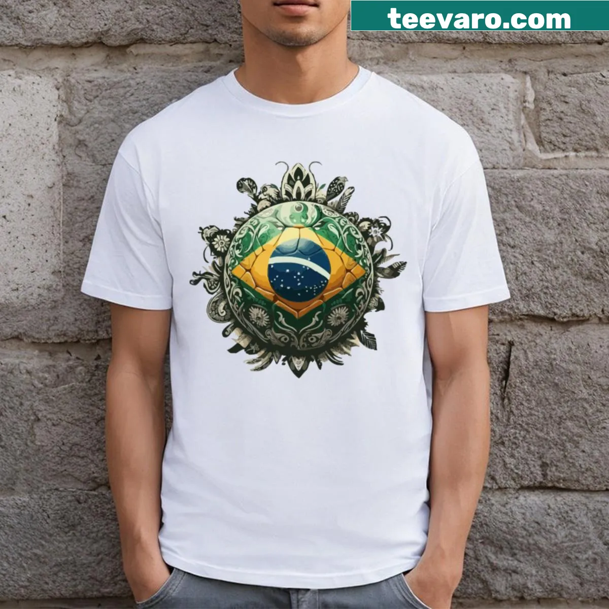 T-shirt with Brasil text design — on a men's t-shirt