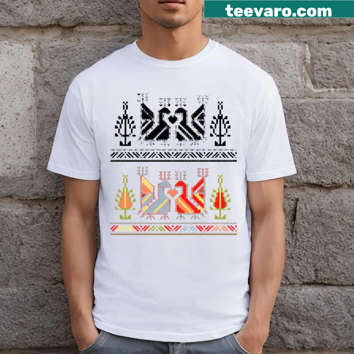 T-shirt featuring intricate Bulgarian folk art designs — on a men's t-shirt