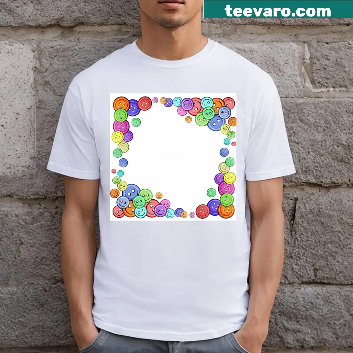 T-shirt featuring a charming button frame design for sewing lovers — on a men's t-shirt