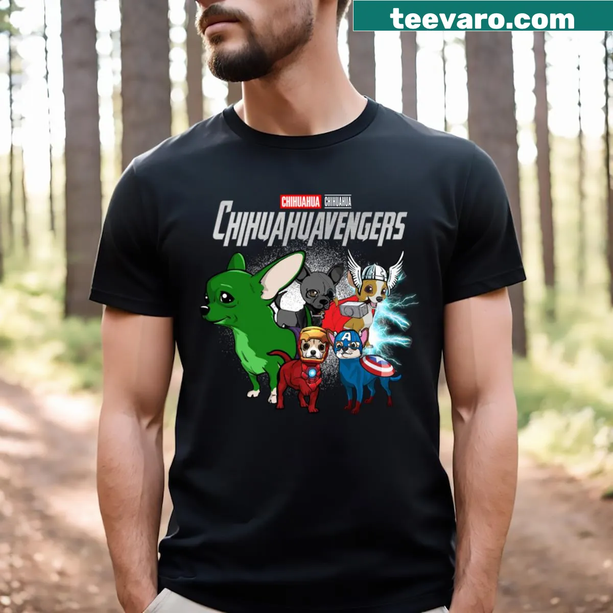 Chihuahua Avengers graphic t-shirt featuring chihuahuas in superhero costumes — on a men's t-shirt