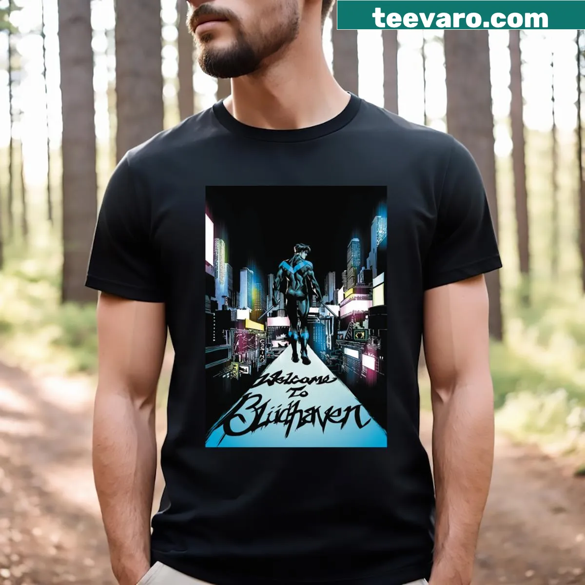 T-shirt featuring minimalist City Blodhvn typography design — on a men's t-shirt