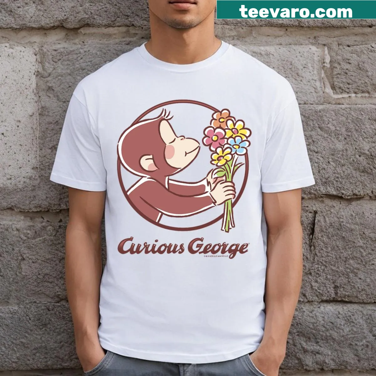 Curious George with a flower bouquet illustration on the T-shirt. — on a men's t-shirt