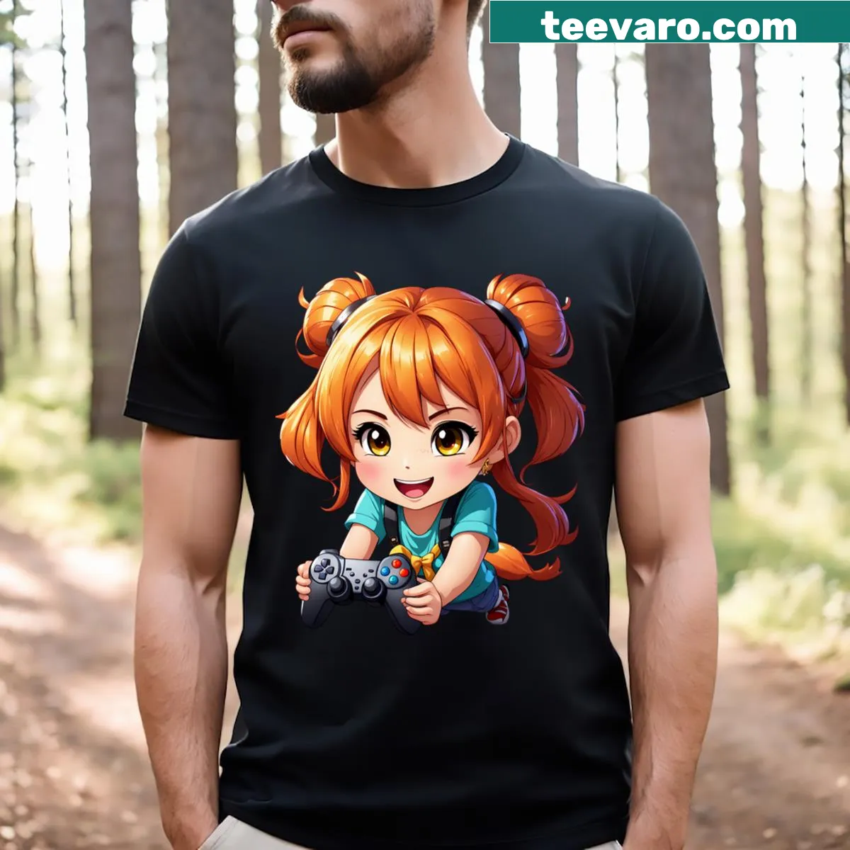 Chibi girl graphic on a cute anime-style T-shirt — on a men's t-shirt