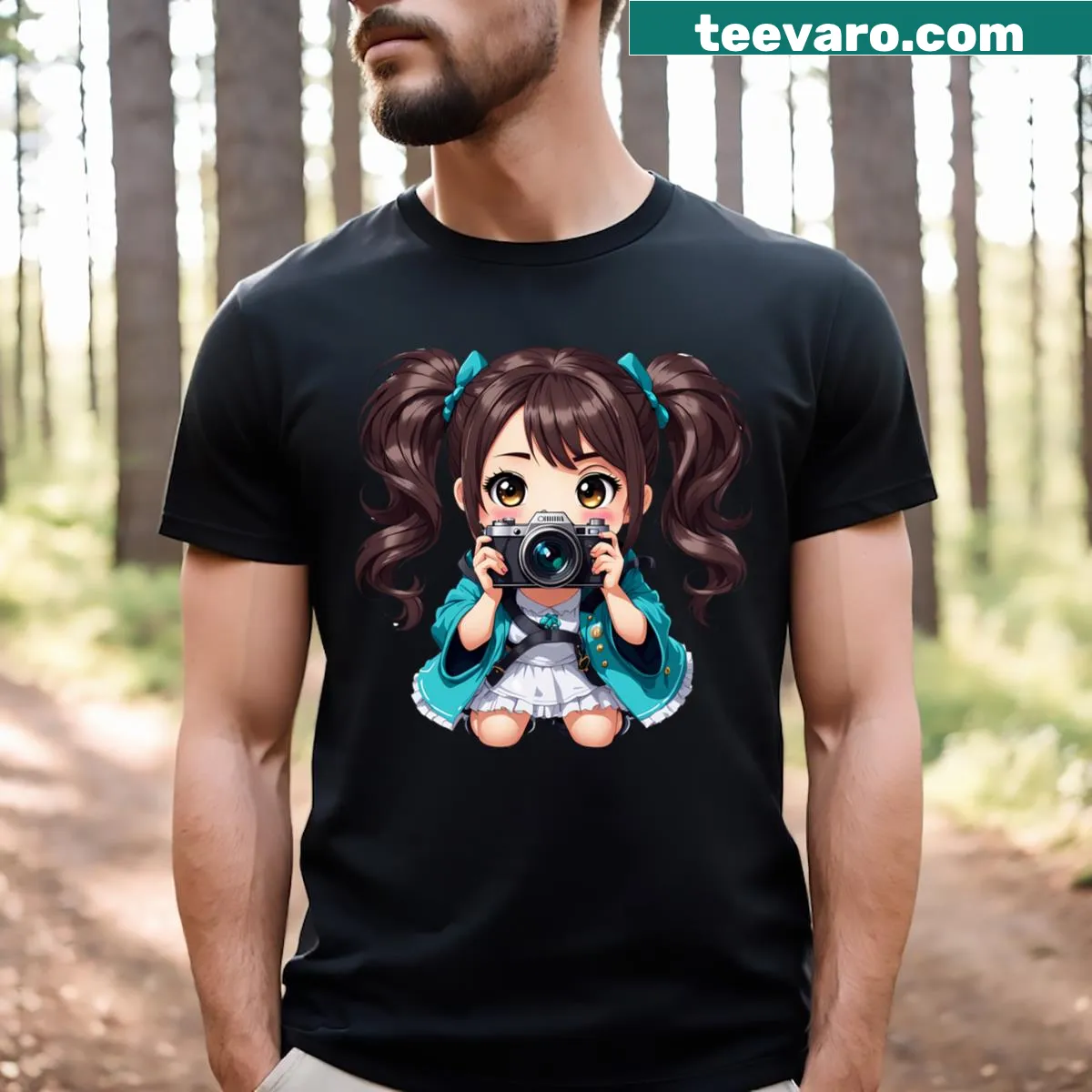 Chibi anime girl with camera graphic t-shirt — on a men's t-shirt