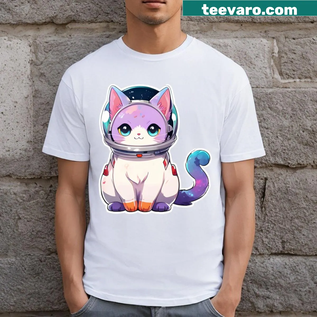 Astronaut cat graphic on a playful T-shirt — on a men's t-shirt