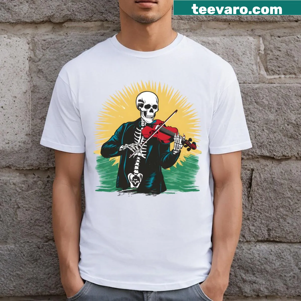 T-shirt featuring the phrase 'Dead Man's Melody' in striking typography — on a men's t-shirt