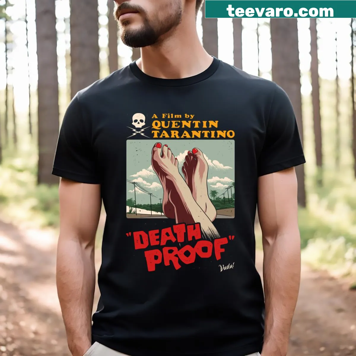 Edgy graphic T-shirt featuring Death Proof Feet design — on a men's t-shirt