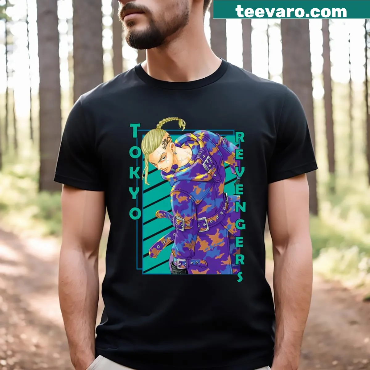 Anime T-shirt featuring Draken Ken Ryuguji and striped design. — on a men's t-shirt