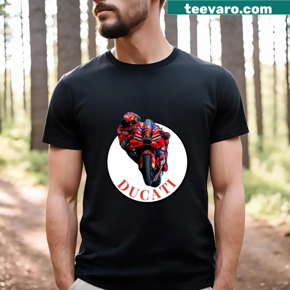 Ducati Bagnaia Moto GP themed t-shirt with dynamic racing graphics — on a men's t-shirt