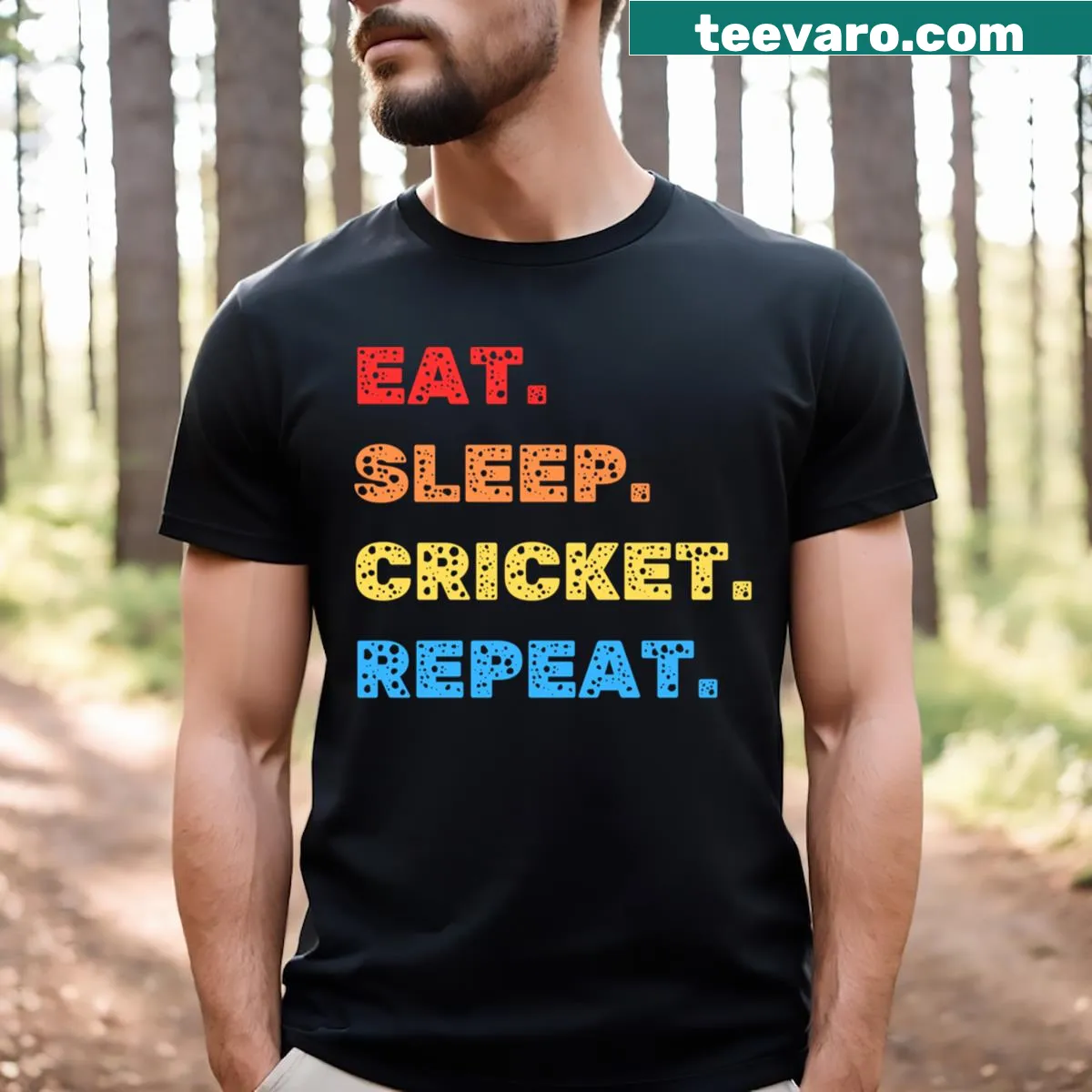 T-shirt featuring the phrase Eat Sleep Cricket Repeat — on a men's t-shirt