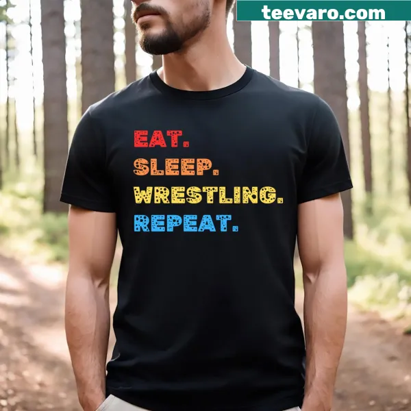Bold text 'Eat Sleep Wrestling Repeat' sports t-shirt