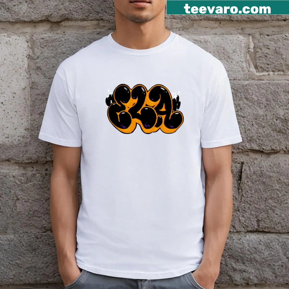 T-shirt featuring design elements representing the Lakers basketball team — on a men's t-shirt