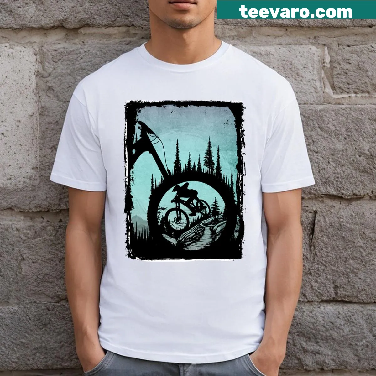 Illustrative Enduro Bike Gravity Grabber t-shirt featuring a bike mid-air — on a men's t-shirt