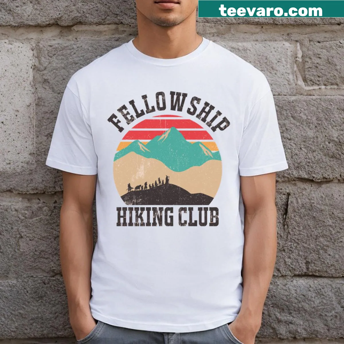 Playful Fellowship Hiking Club t-shirt for outdoor enthusiasts — on a men's t-shirt