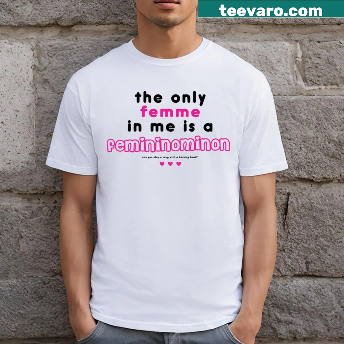 Whimsical femininity-themed t-shirt with 'Femininominon' text — on a men's t-shirt