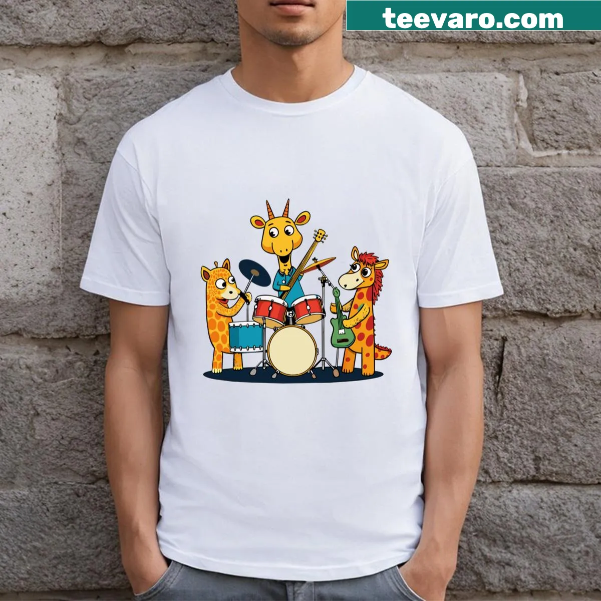 Cute cartoon giraffe playing drums on a whimsical T-shirt — on a men's t-shirt