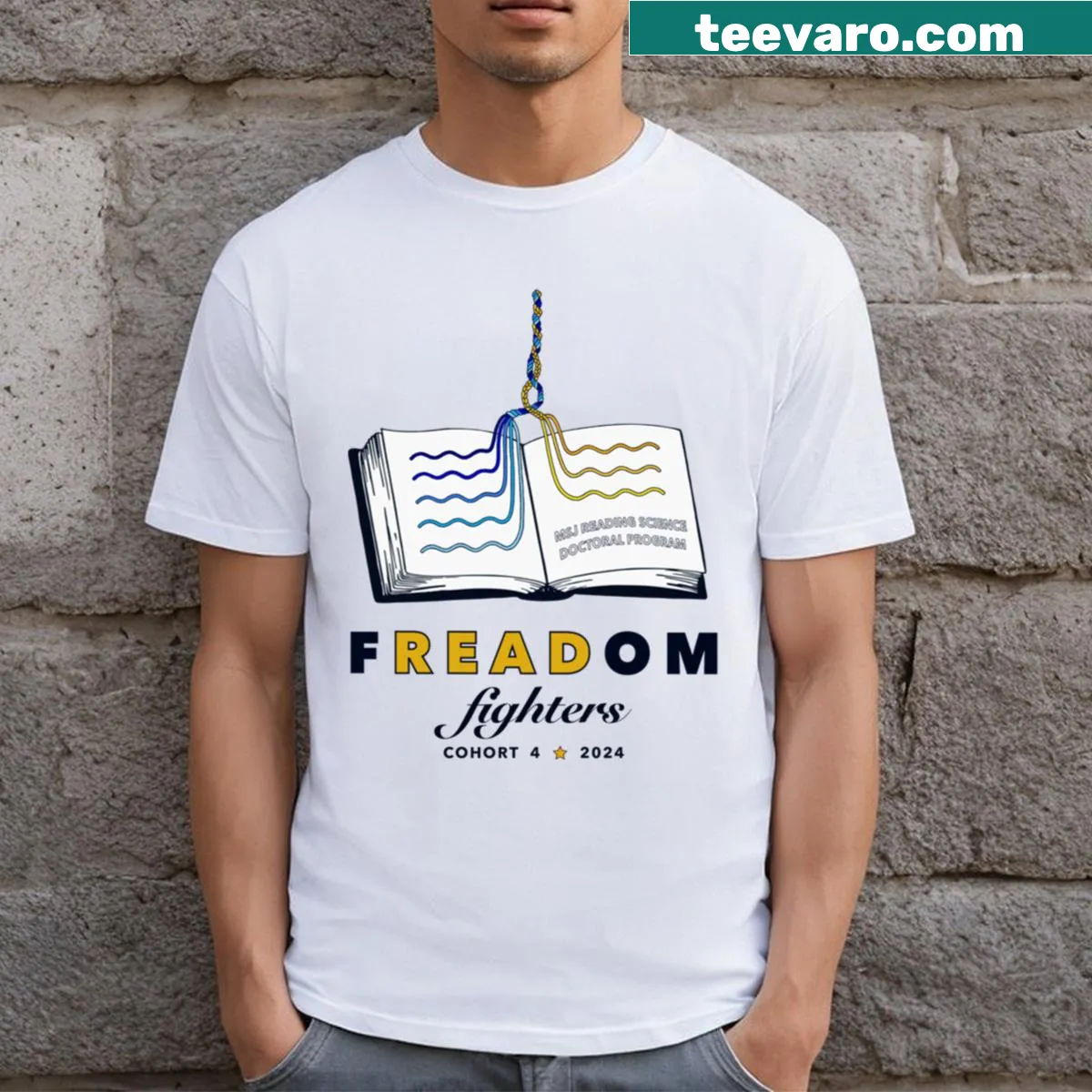 Whimsical graphic T-shirt celebrating reading and storytelling. — on a men's t-shirt
