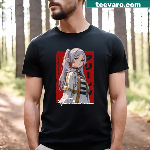 Beautifully illustrated graphic from Frieren anime on a T-shirt
