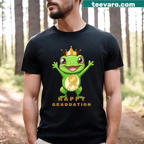 Frog T-shirt with a crowned frog celebrating graduation