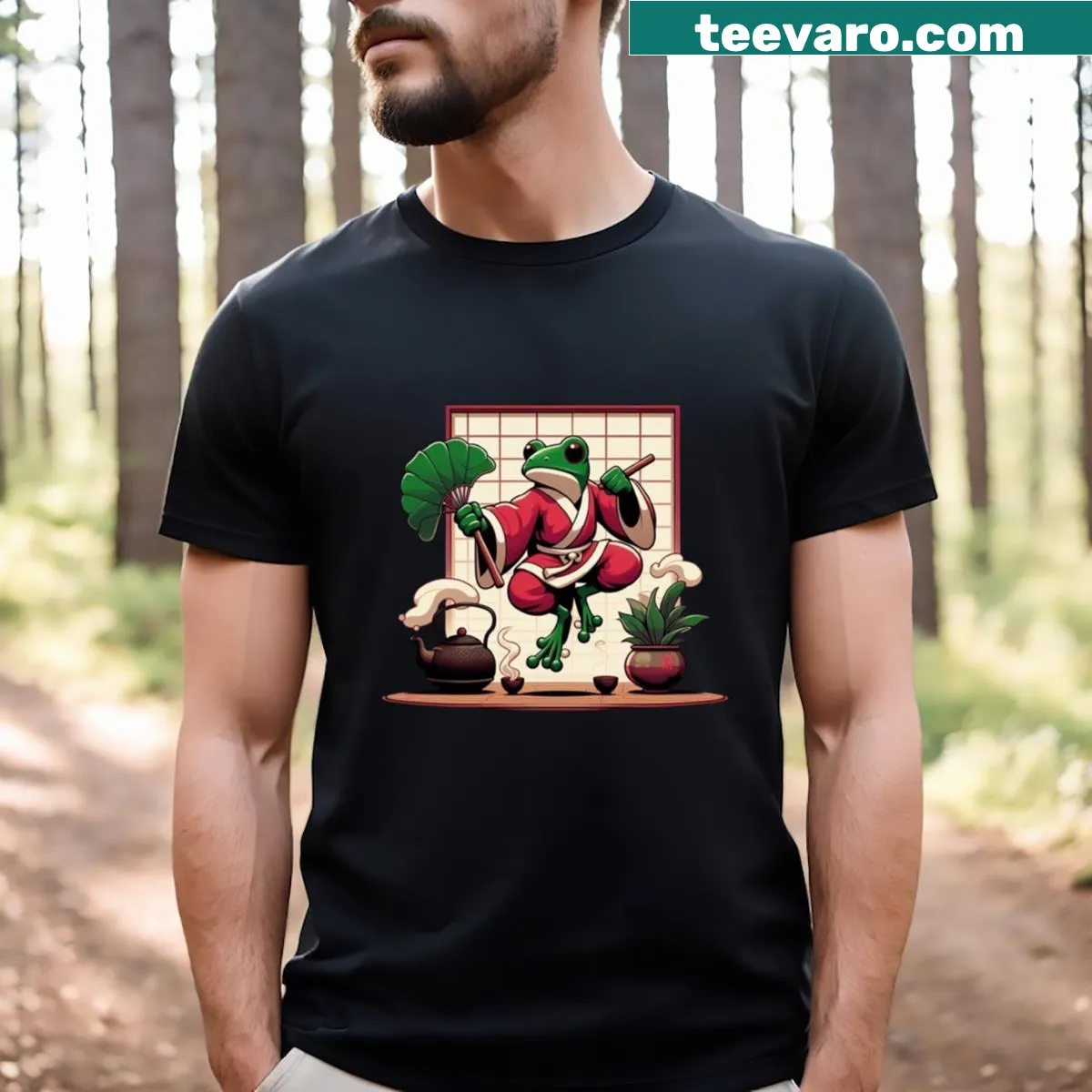 Whimsical Frog Yoga T-shirt illustrating a frog in a yoga pose — on a men's t-shirt