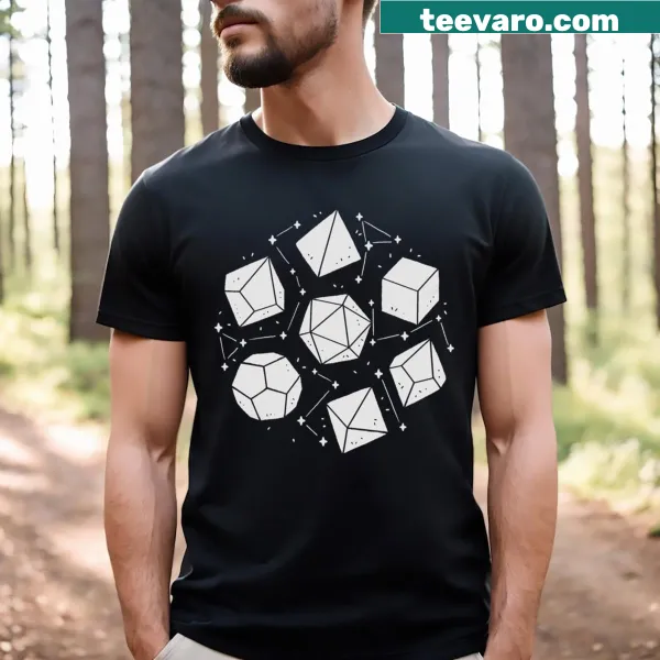 T-shirt featuring DnD dice design against a galaxy backdrop