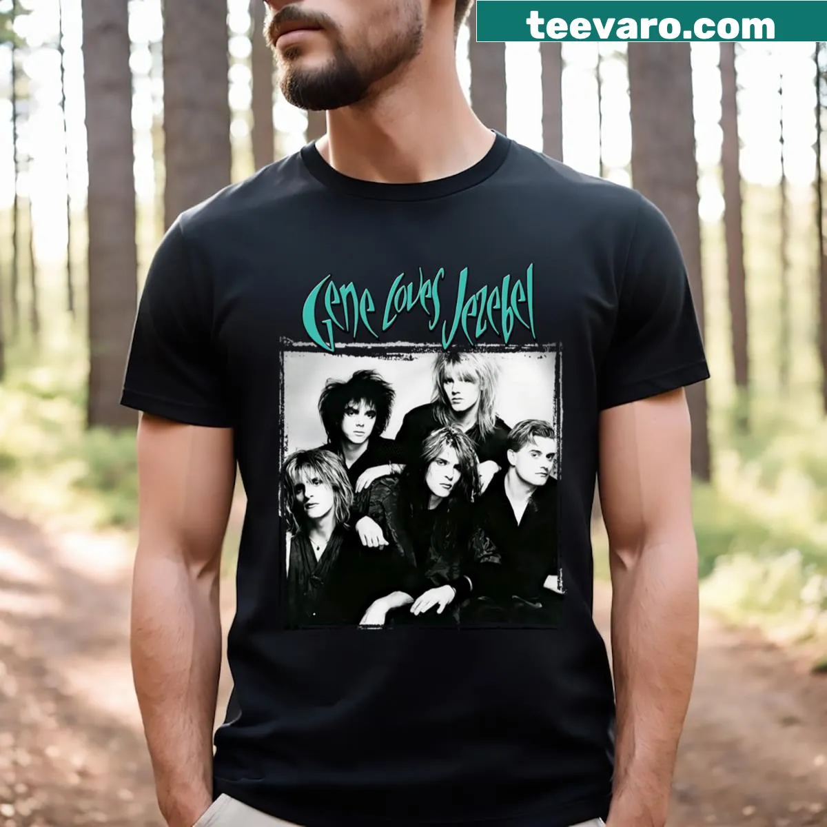 T-shirt featuring design inspired by Gene Loves Jezebel — on a men's t-shirt